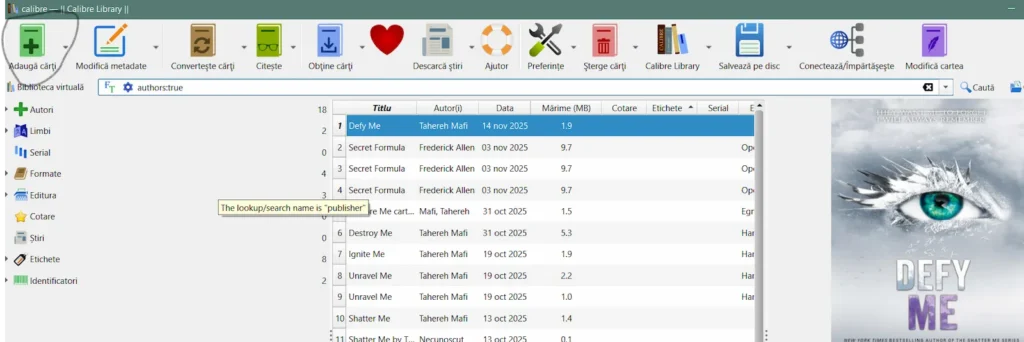 Adăugare carte Defy Me în programul Calibre