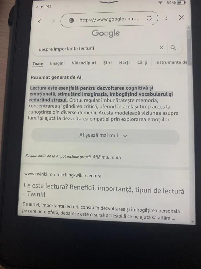 Căutare pe google despre importanța lecturii