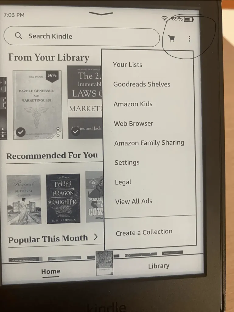 How to go to settings on your kindle