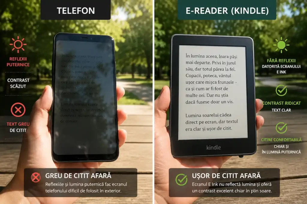 Kindle sau Kobo 
ebook versus device, luminozitate afară