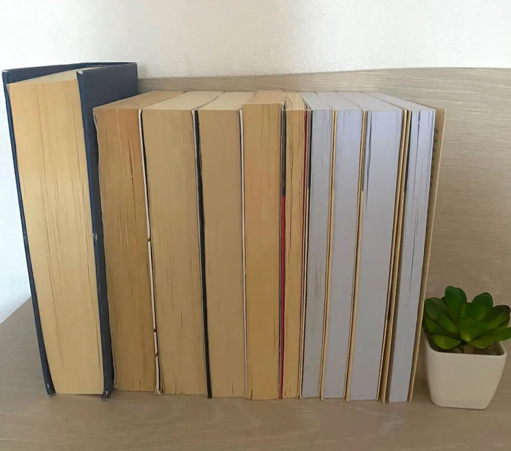 Idei amenajare bibliotecă în stil modern pentru 2026 .Cărți ordonate și întoarse invers pe etajeră