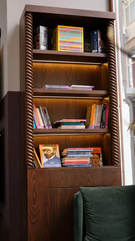 Brown Bookcase with yellow LEDs